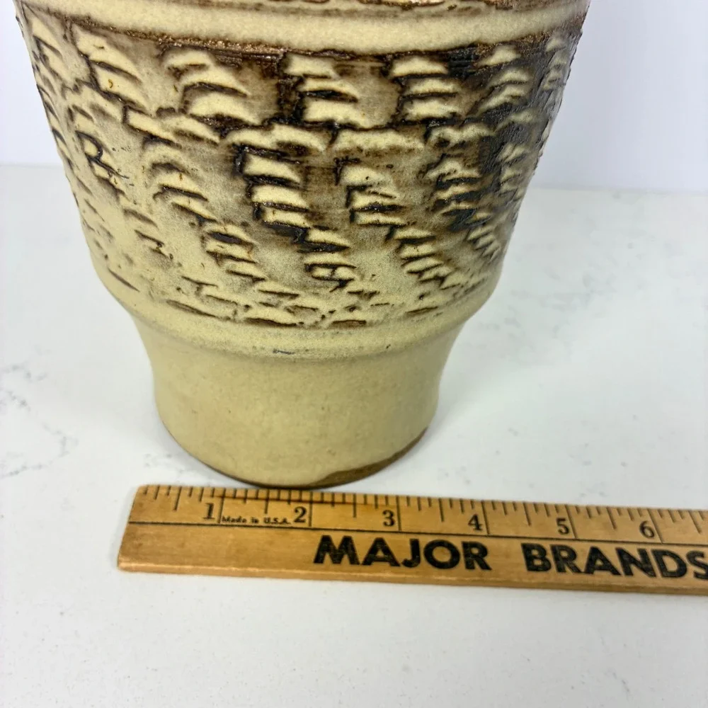 Signed Studio Pottery Vase Tall Textured Stoneware MCM Wabi Sabi Earthy Rustic